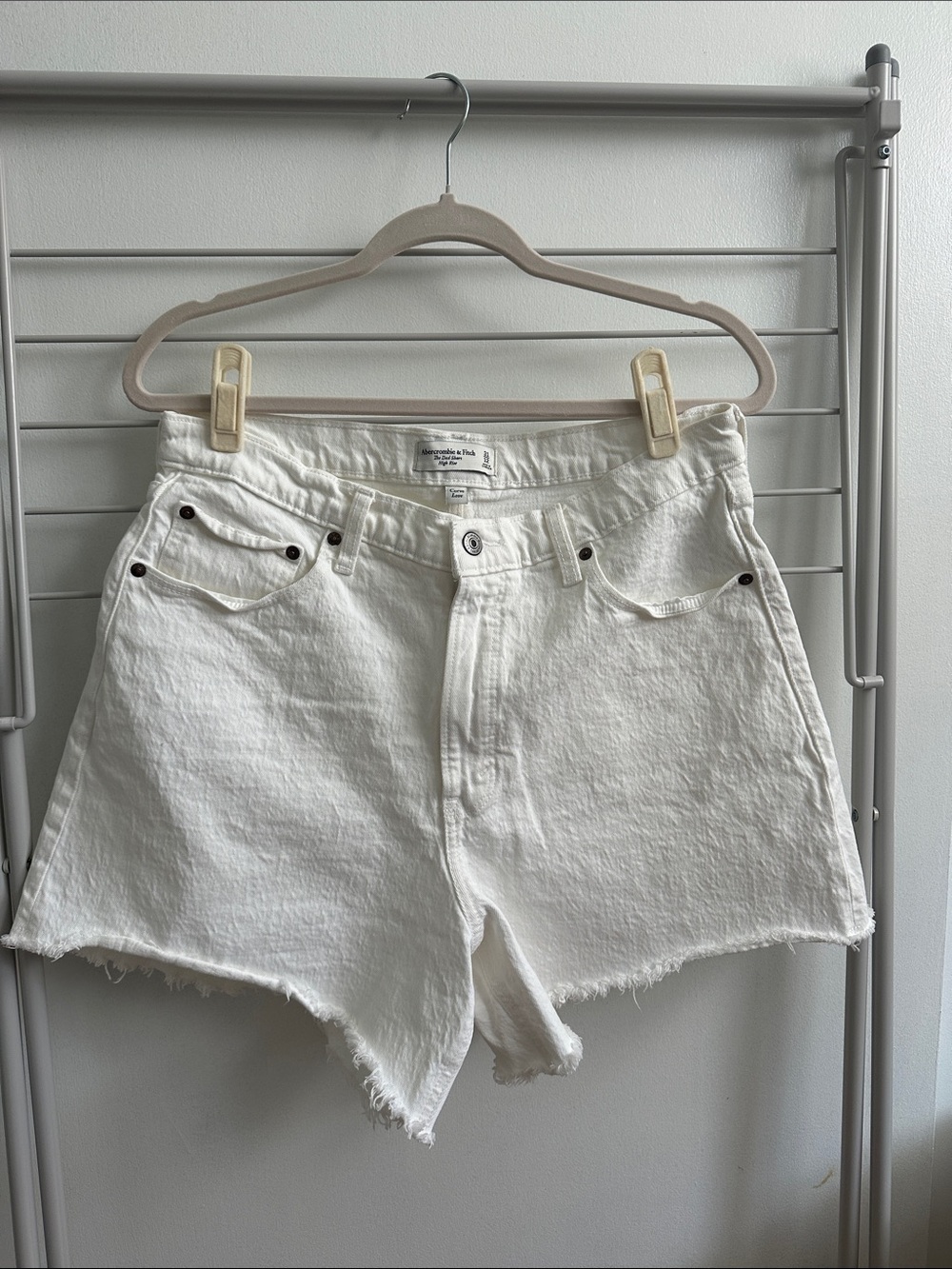 Abercrombie & Fitch White High-Rise Frayed Hem Denim Shorts